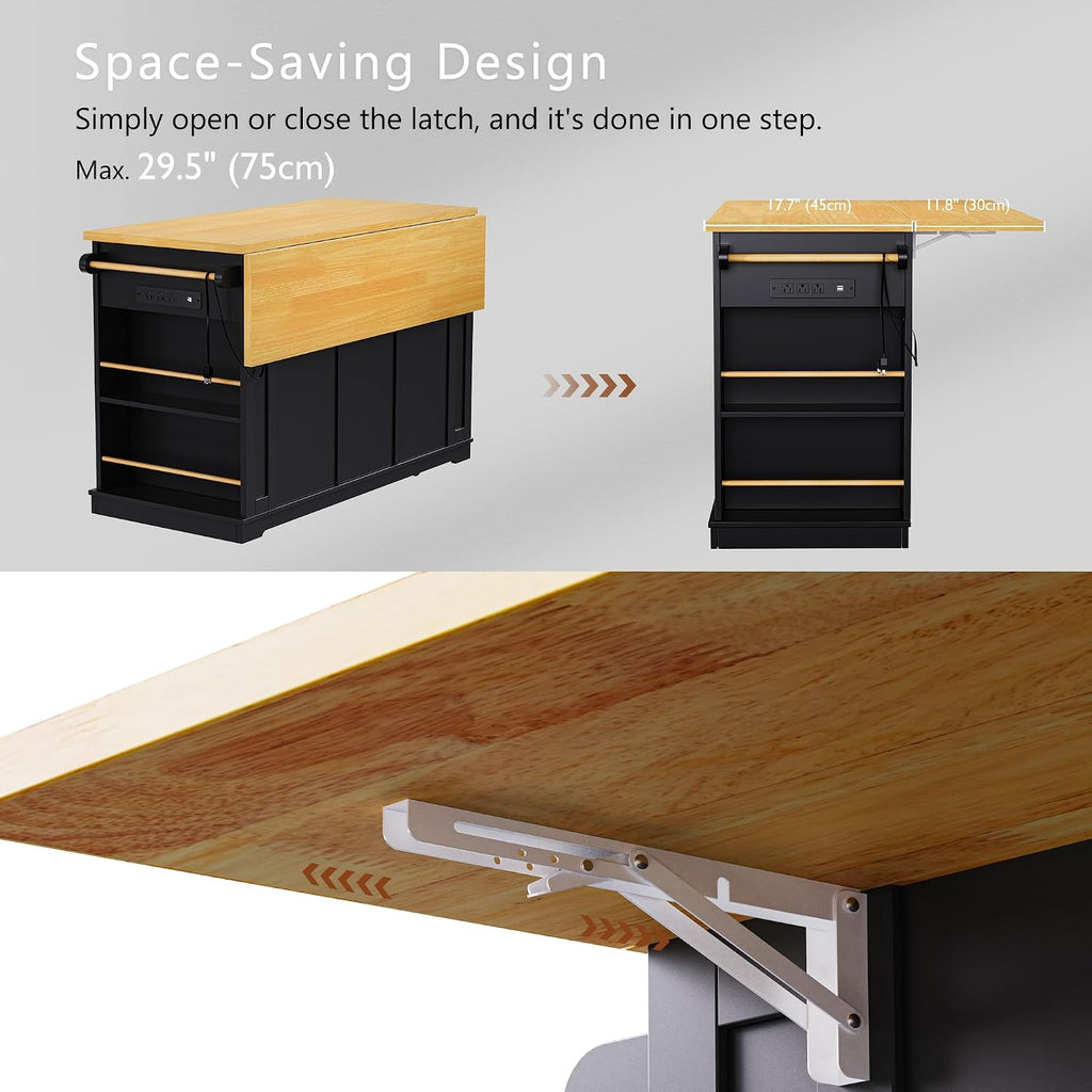 53inch Large Kitchen Island with Drop Leaf, Power Outlet, Internal Storage Rack, Rolling Kitchen Cart On 5 Wheels with 5 Open Side Racks for Kitchen, Dining Room, Black
