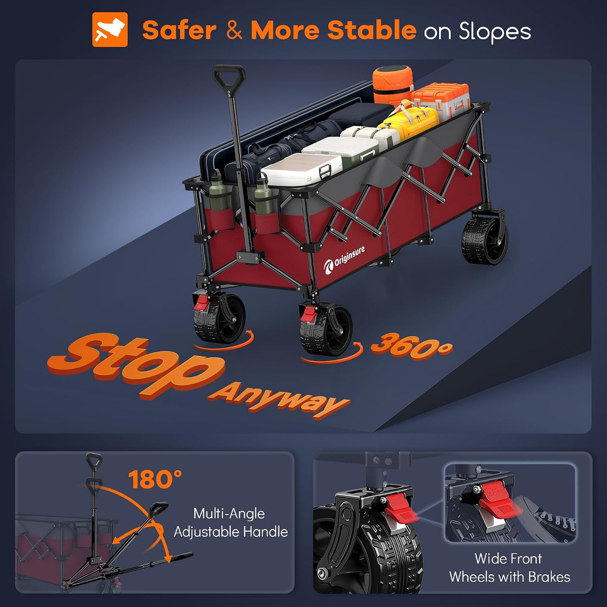 Originsure 48' L Collapsible Wagon Cart Foldable, 560lbs Weight Capacity 300L Heavy Duty Folding Beach Wagons with Big All-Terrain Wheels, Utility Carts for Groceries, Camping, Sports - Grey&Red