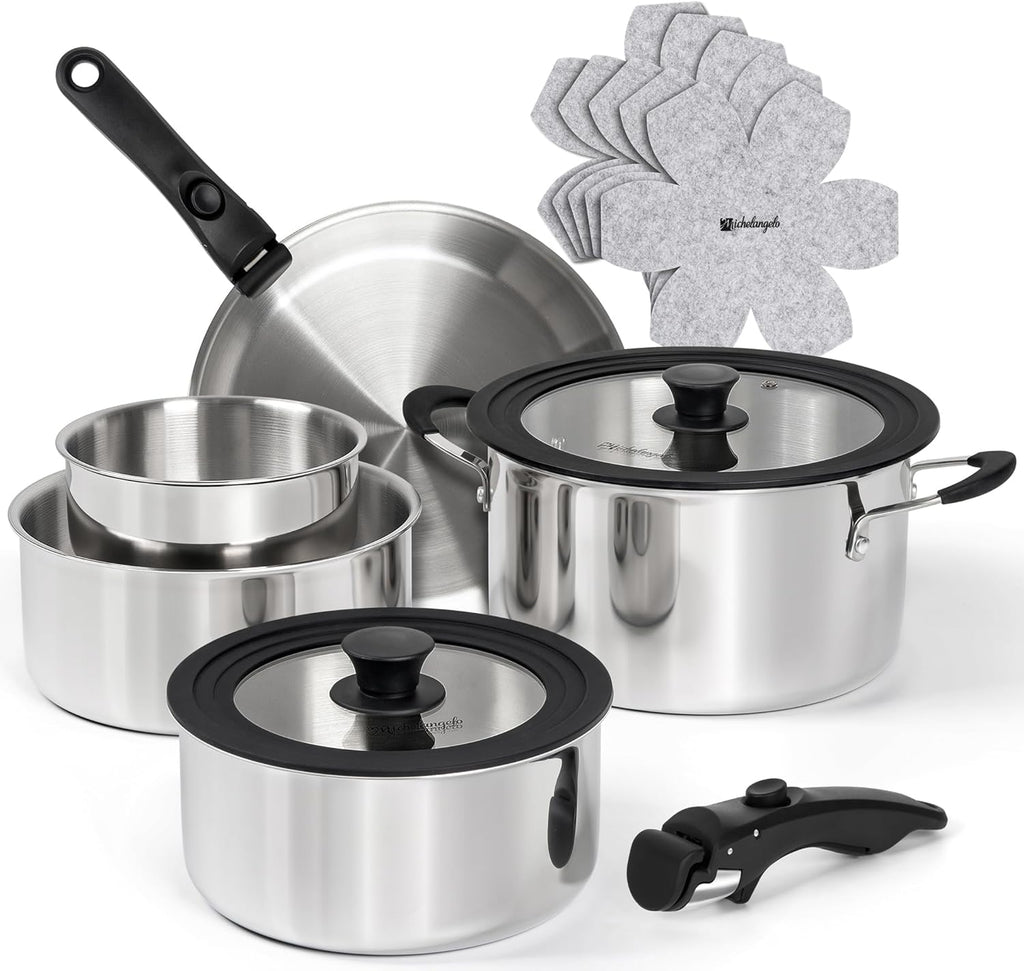 Michelangelo 14pcs Tri-Ply Stainless Steel Cookware Set with Detachable Handles, Stackable Pots and Pans Set for RVs, Small Kitchens & Apartments, Induction Compatible, Oven Safe, No Coating & No PFAS