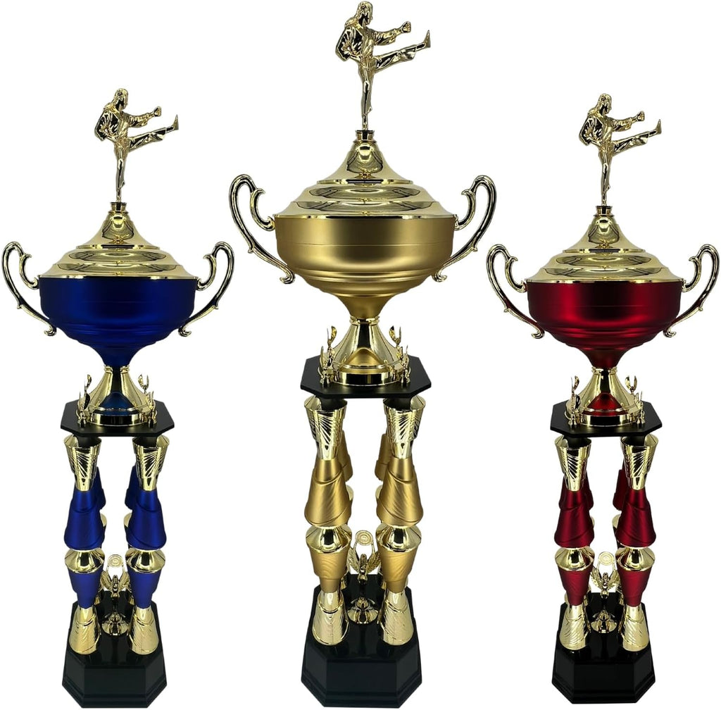 Express Medals Various Sport Giant 54 Inch Tall 19 Inch Wide 4 Post Column Gold Red or Blue Trophy Cup Award Includes Attached Plate with up to 5 Lines of Your Custom Engraved Text. Weighs 11 lbs.
