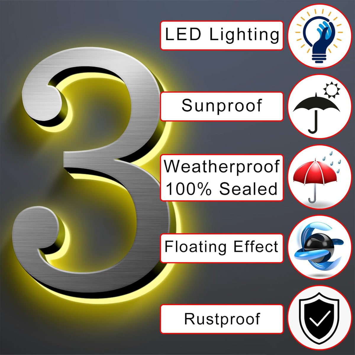 Backlit Illuminated LED House Number Sign, Brushed Silver, Address Signs Lighted Plaque, Outdoor/Indoor, Modern, Weatherproof & Corrosion Resistant, Day & Night,18 Inch/45cm,E