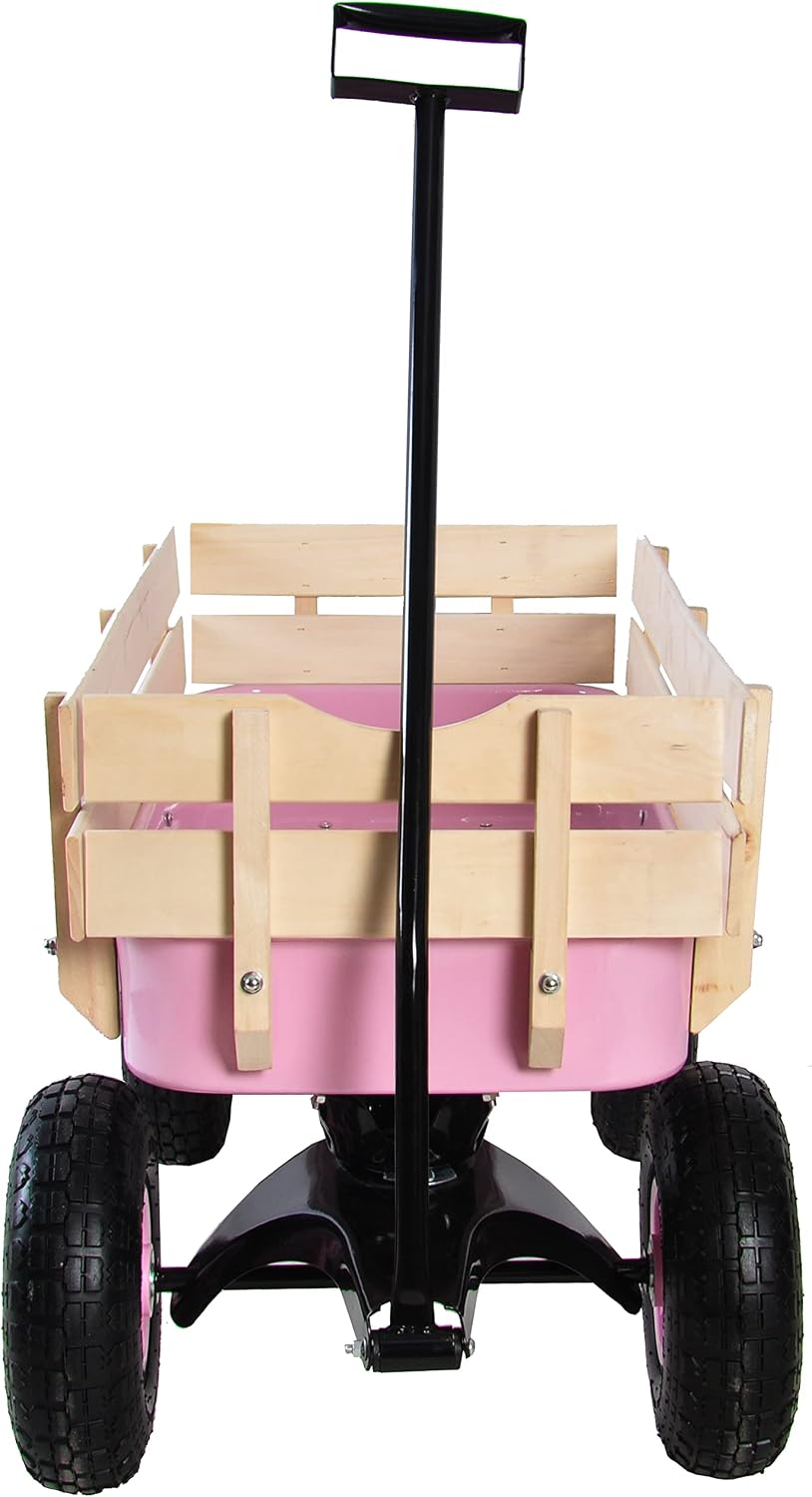 Outdoor Sport All Terrain Pulling Wagon With Removable Wooden Side Panels, Air Tires, Big Foot Panel, Sturdy Steel Bed for Kids' Pull-Along (Pink)