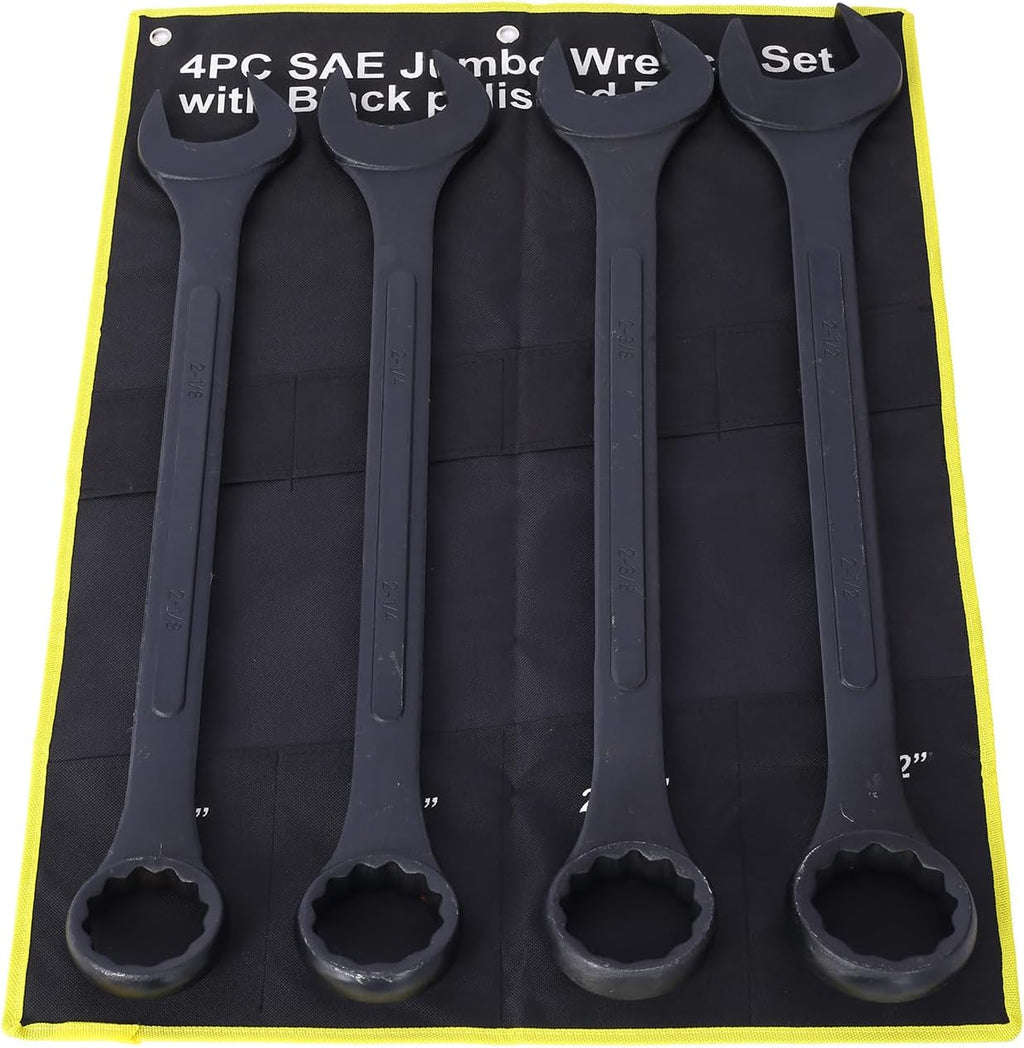 4PC Jumbo Combination Wrench Set, SAE, 2-1/8', 2-1/4', 2-3/8', 2-1/2 inch, Extra Large Combination Wrench Sets, Black Oxide Finish with Pouch (4PC-SAE)