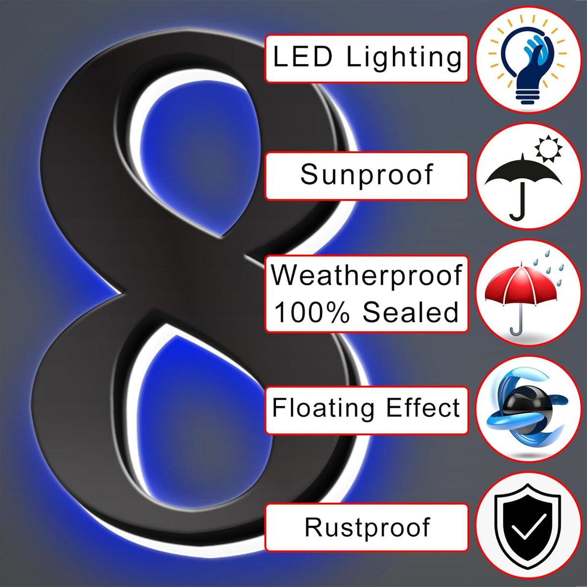 Backlit Lighted LED Home Address Numbers, Stainless Steel House Address Signs, Modern Illuminated LED House Numbers, Lighted House Numbers For Outside,20 Inch/500mm,6