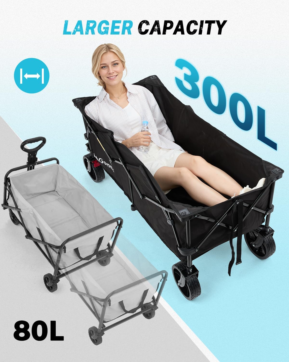 Gonex 48''L Collapsible Foldable Heavy Duty Oversized Wagon with 440lbs Weight Capacity, 300L Folding Large Utility Garden Grocery Shopping Cart with 8' H All-Terrain Wheels & 2 Drink Holders - Black
