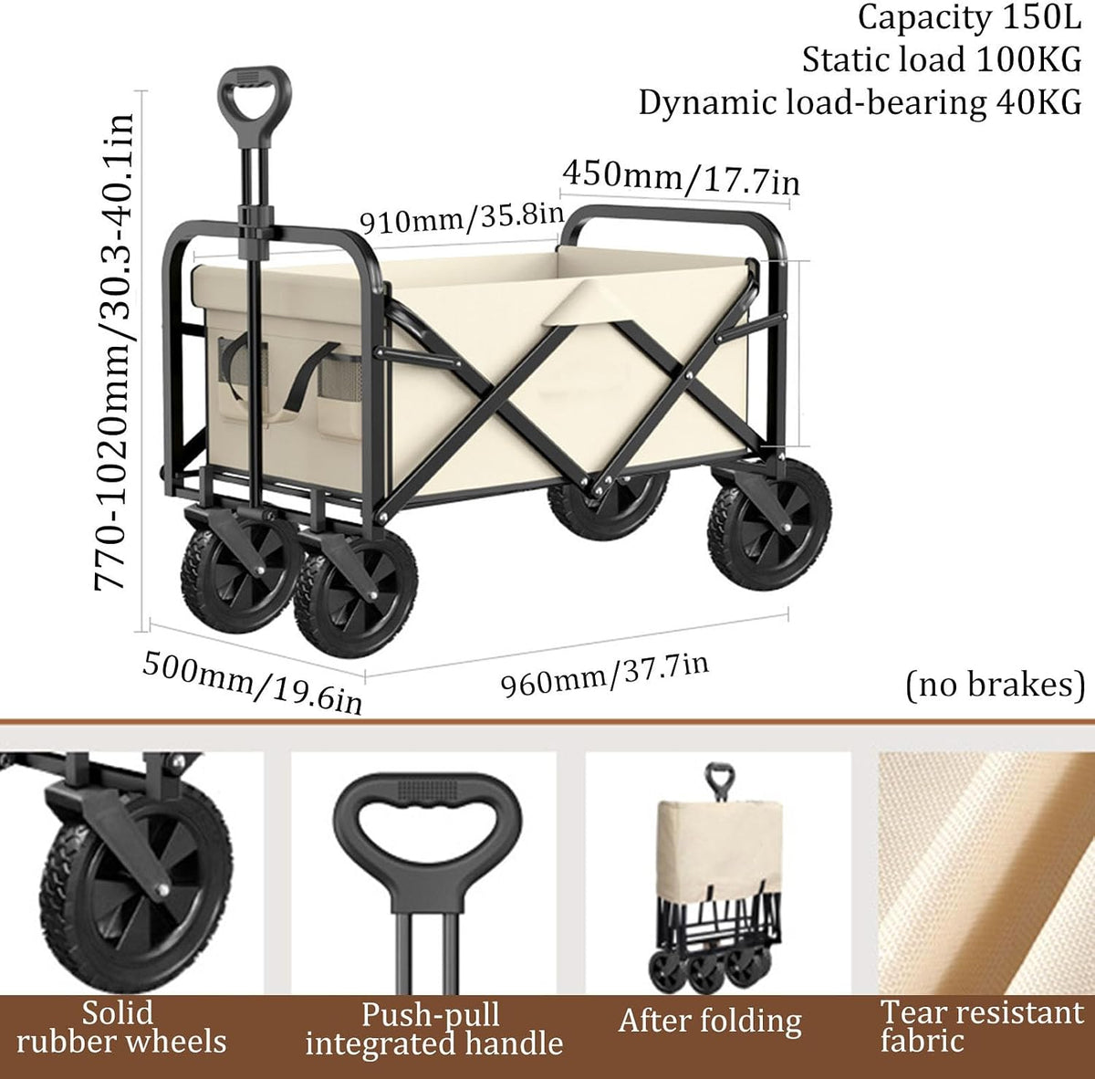 Black Garden Carts,Brown Collapsible Wagon,Beige Coffee Color Sports Outdoor Utility Wagon Folding Bearing 100Kg Garden Wagon Sports Heavy Duty Steel Frame Foldable Yard Car