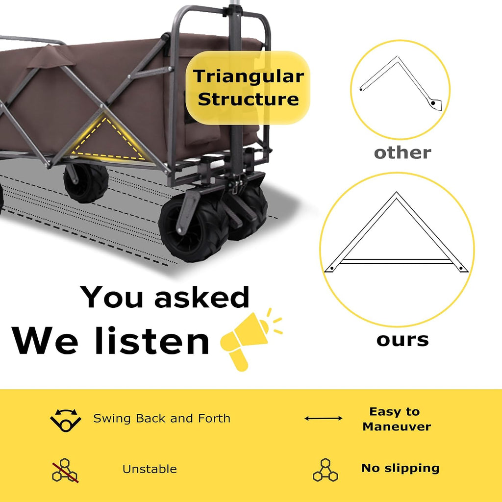 Collapsible Folding Wagon Cart, Portable Folding Beach Wagons with Wheels, Lightweight Utility Camping Wagon for Groceries, Shopping Sports Garden (Brown)