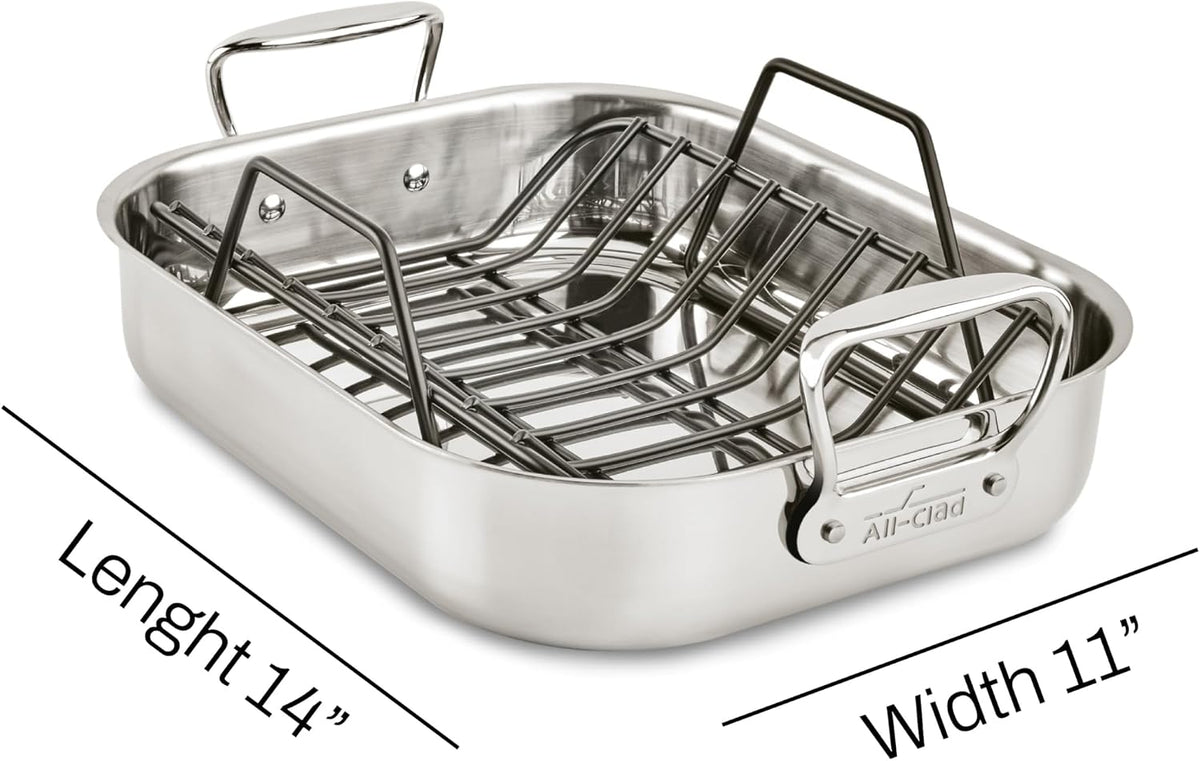 All-Clad Specialty Stainless Steel Roaster with Nonstick Rack 11x14 Inch Oven Broiler Safe 600F Roaster Pan, Pots and Pans, Bakeware, Silver