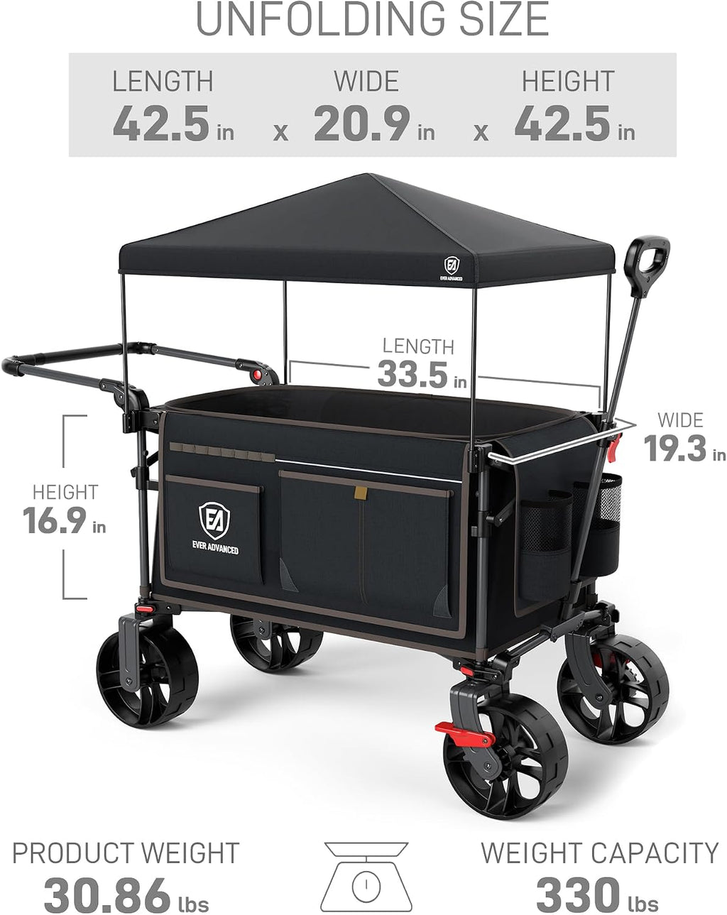 EVER ADVANCED Folding Push Wagon with Canopy, Portable Shopping Cart with Brakes, Collapsible Wagon Cart with All-Terrain Big Wheels for Camping, Beach, Sports