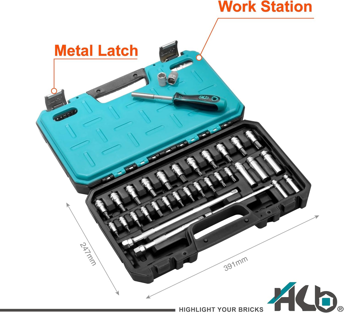 HB 101-Piece Socket Set AKX005-U, 90-Tooth Flex Head Ratchets 3/8'&1/4' Drive, Patented Non-Slip Metric SAE Sockets, Deep & Standard, Extension Bars, Bit Sockets, Rails, Case, Made in Taiwan