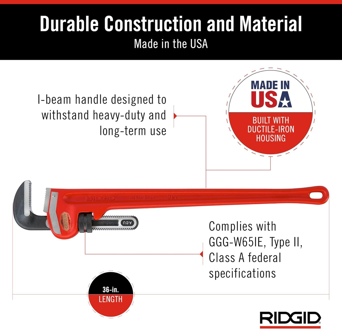 Ridgid 31035 model 36 Heavy-Duty Straight Pipe Wrench, 36' Plumbing Wrench