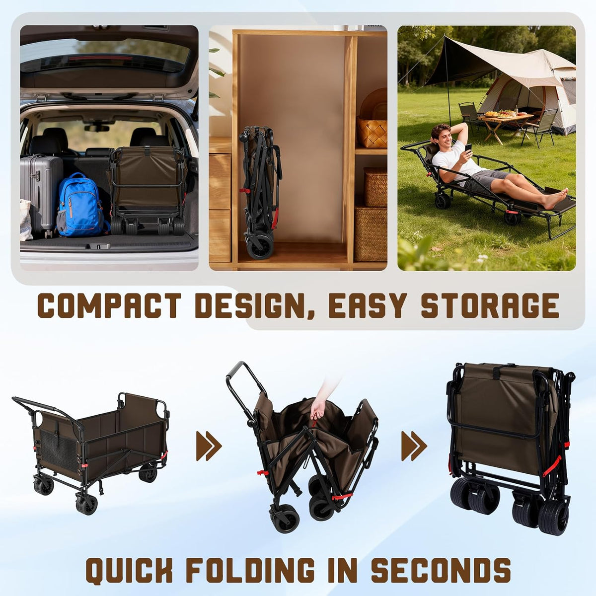 LEVELEVE Heavy Duty Folding Wagon - 2-in-1 Collapsible Cart, 650lb Capacity, All-Terrain Wheels w/Brakes & Side Pockets (Brown)
