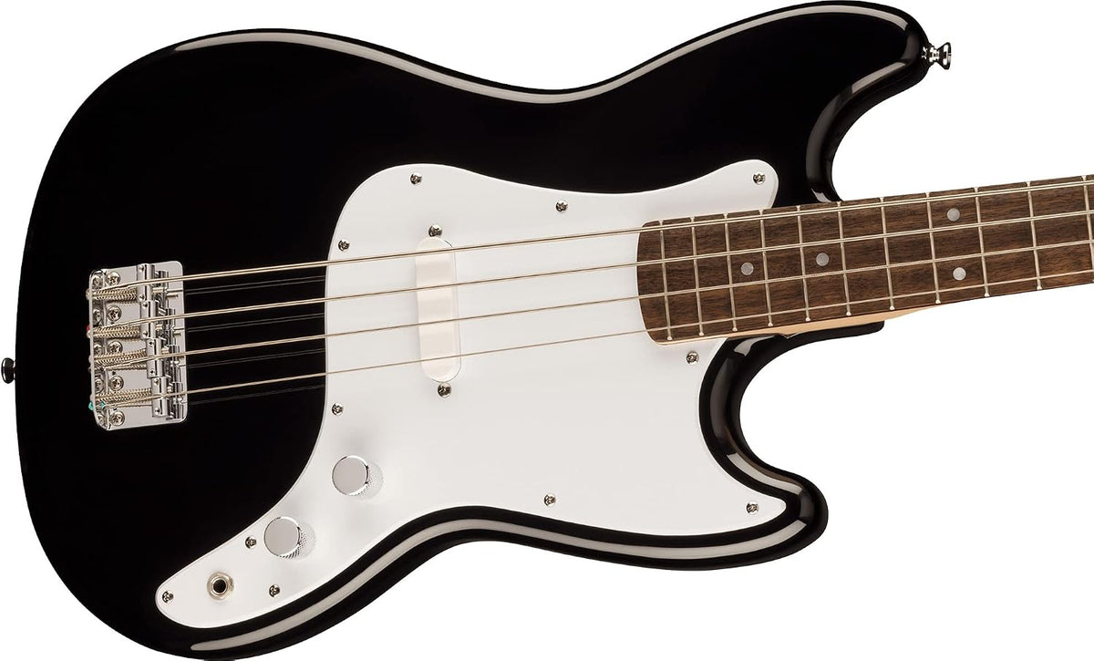 Fender Squier Sonic Bronco Bass Guitar, Laurel Fingerboard - Black Bundle with Tuner, Strap, and Austin Bazaar Guitar DVD