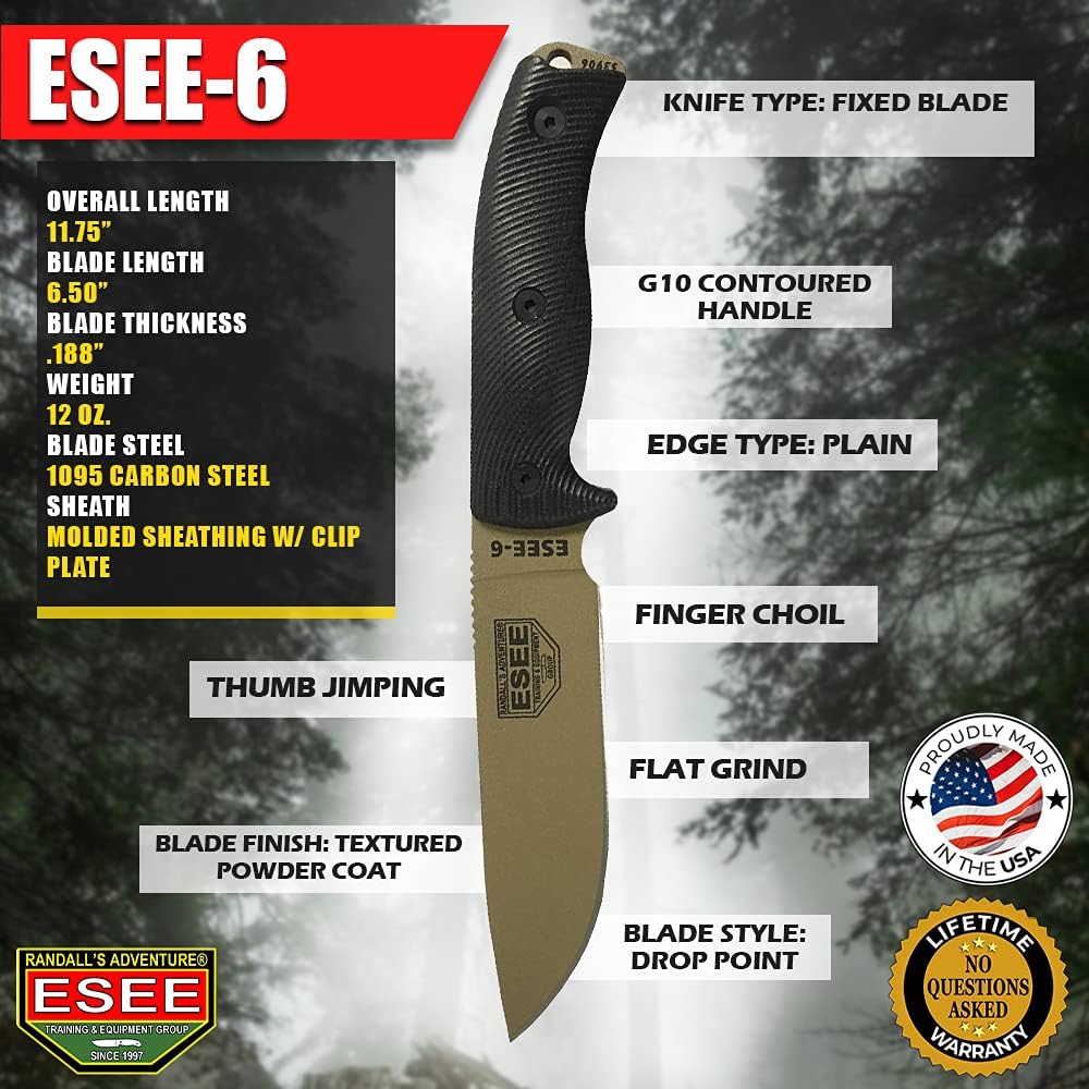 ESEE-6 1095 Carbon Steel, Black Sheath (Dark Earth Blade, Black G10 3D Handle)