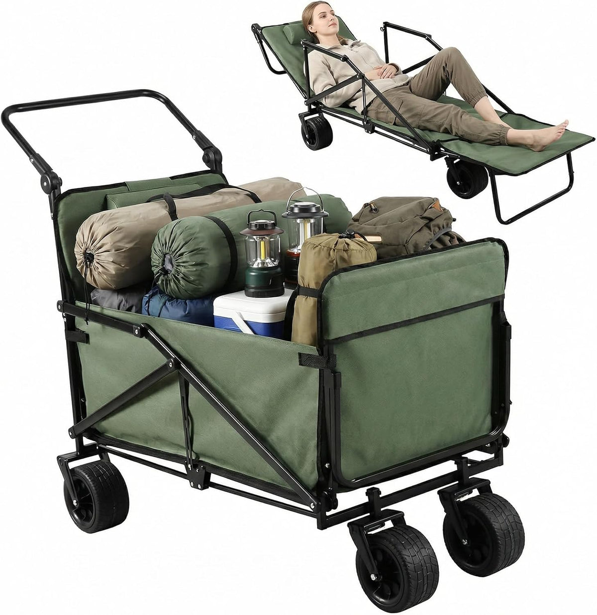 2-in-1 Foldable Wagons Carts 440lbs Capacity Folding Wagon with All-Terrain Wheels for Sports Garden Shopping Camping