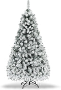 COSTWAY 7.5 FT Pre-Lit Christmas Tree, Snow Flocked Hinged Xmas Tree with 1010 Branches Tips & 450 LED Lights, Metal Stand, Artificial Pine Lighted Holiday Tree for Home Office Decorations