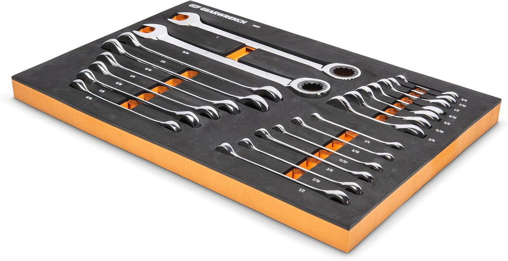 GEARWRENCH 21 Piece 72T SAE Standard & Stubby Ratcheting Wrench Set with EVA Foam Tray - 86526