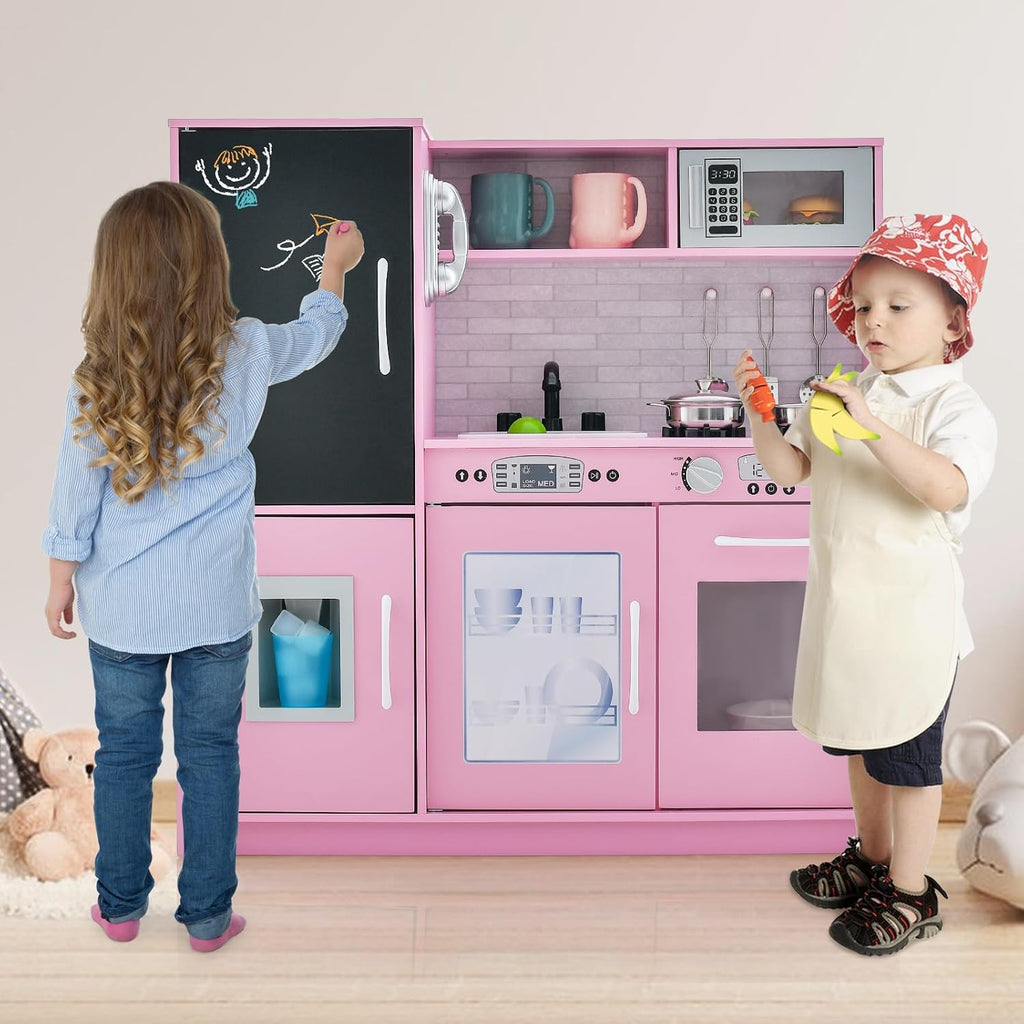 MAT EXPERT Kids Kitchen Playset, Wooden Chef Pretend Toy Kitchen w/Chalkboard, Ice Maker, Cookware Accessories, Telephone, Oven, Microwave, Play Kitchen for Toddlers, Gift for Boys Girls 3+ (Pink)