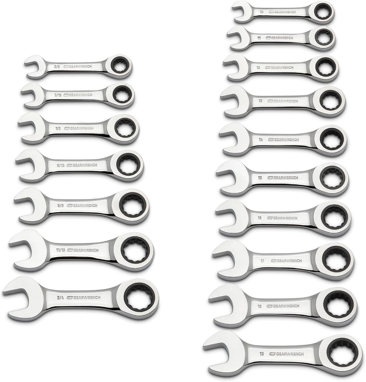 GEARWRENCH 7 Pc. SAE and 10 Pc. Metric 12 Pt. Stubby Ratcheting Combination Wrench Sets - 9507D and 9520D