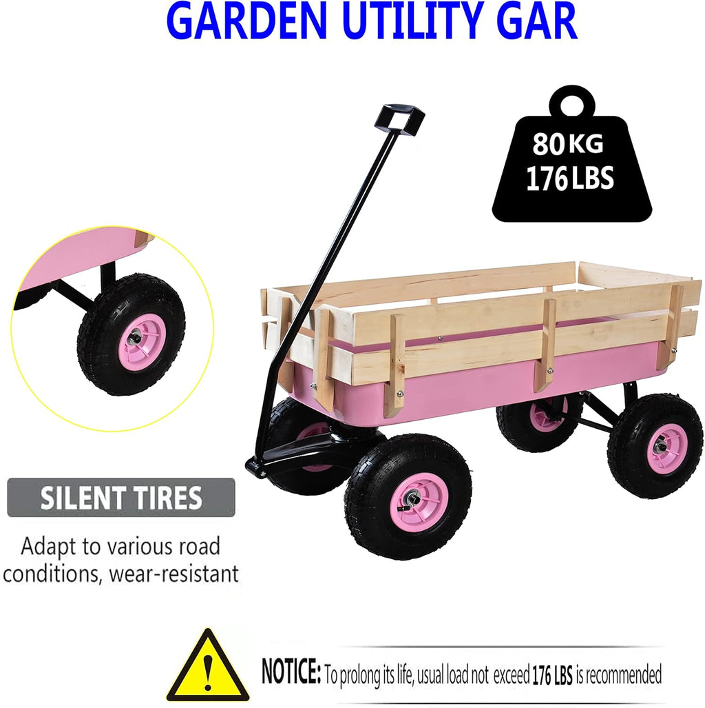 Outdoor Sport All Terrain Pulling Wagon With Removable Wooden Side Panels, Air Tires, Big Foot Panel, Sturdy Steel Bed for Kids' Pull-Along (Pink)