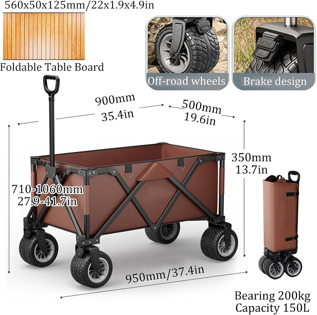 Coffee Color Garden Carts,Collapsible Wagon,Sports Outdoor Utility Wagon Folding Garden Wagon Foldable Table Board Foldable Yard Car Off-Road Wheels with Brakes Camping Cart