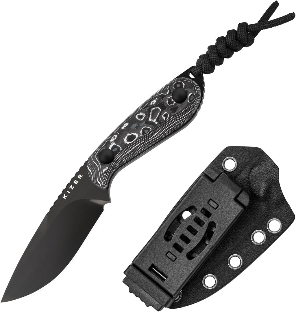 Kizer Buddy Fixed Blade Knife, 3' M390 Blade Camping Knife with Multicolored Fat Carbon White Storm Handle, Compact EDC Fixed Blade Knives with Sheath for Hiking Hunting Survival 1081A9