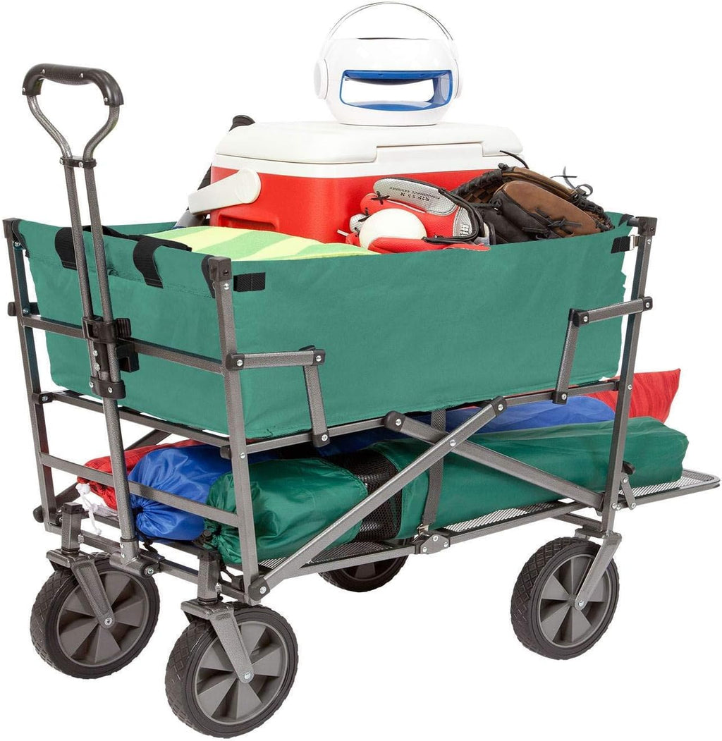 MacSports Double Decker Heavy Duty Steel Frame Collapsible Outdoor 150 Pound Capacity Yard Cart Utility Garden Wagon with Lower Storage Shelf, Green
