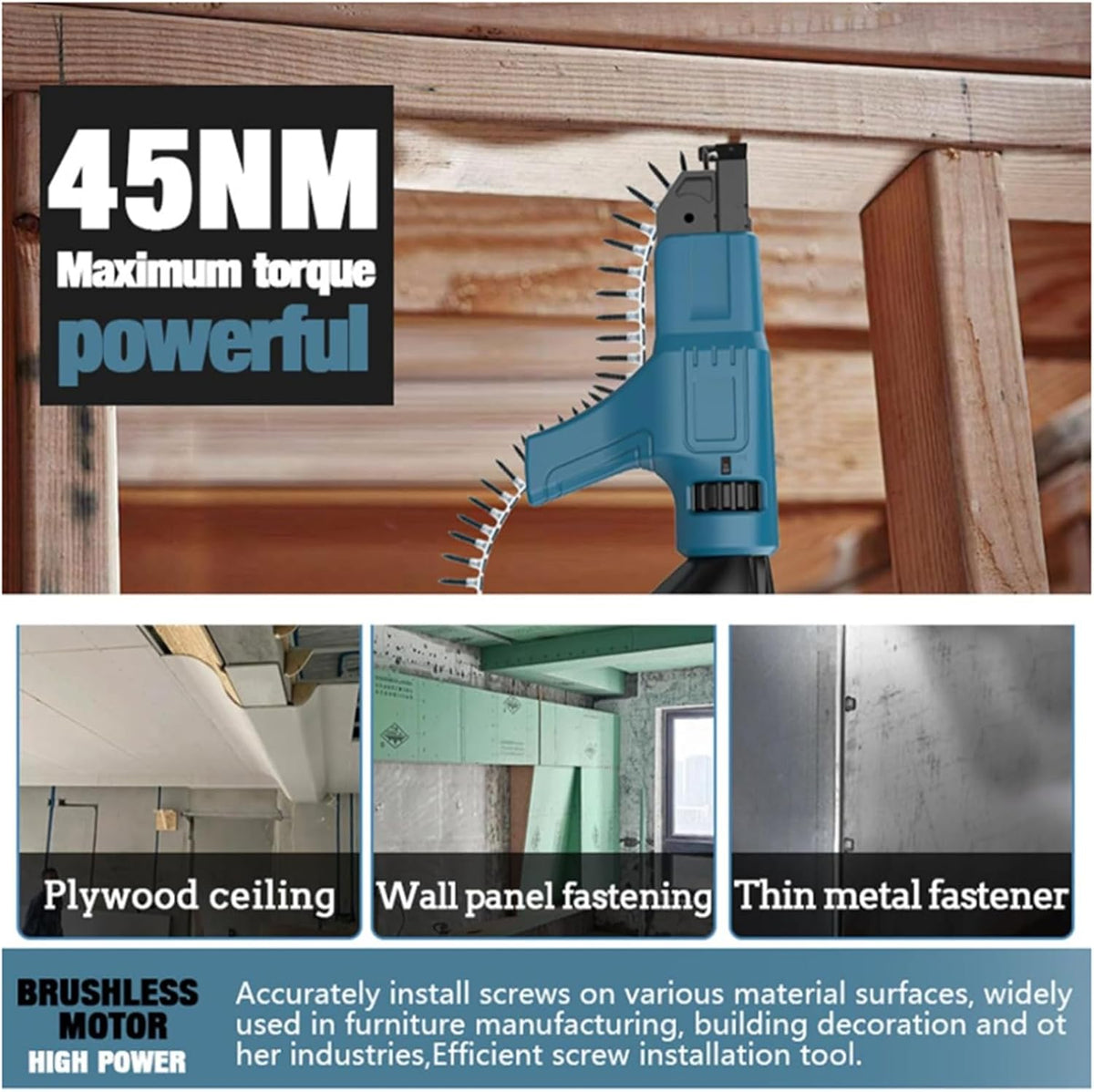 Automatic Screw Gun, Brushless Drywall Screw Gun, Collated Screw Gun, Suitable for Woodworking and Interior Decoration