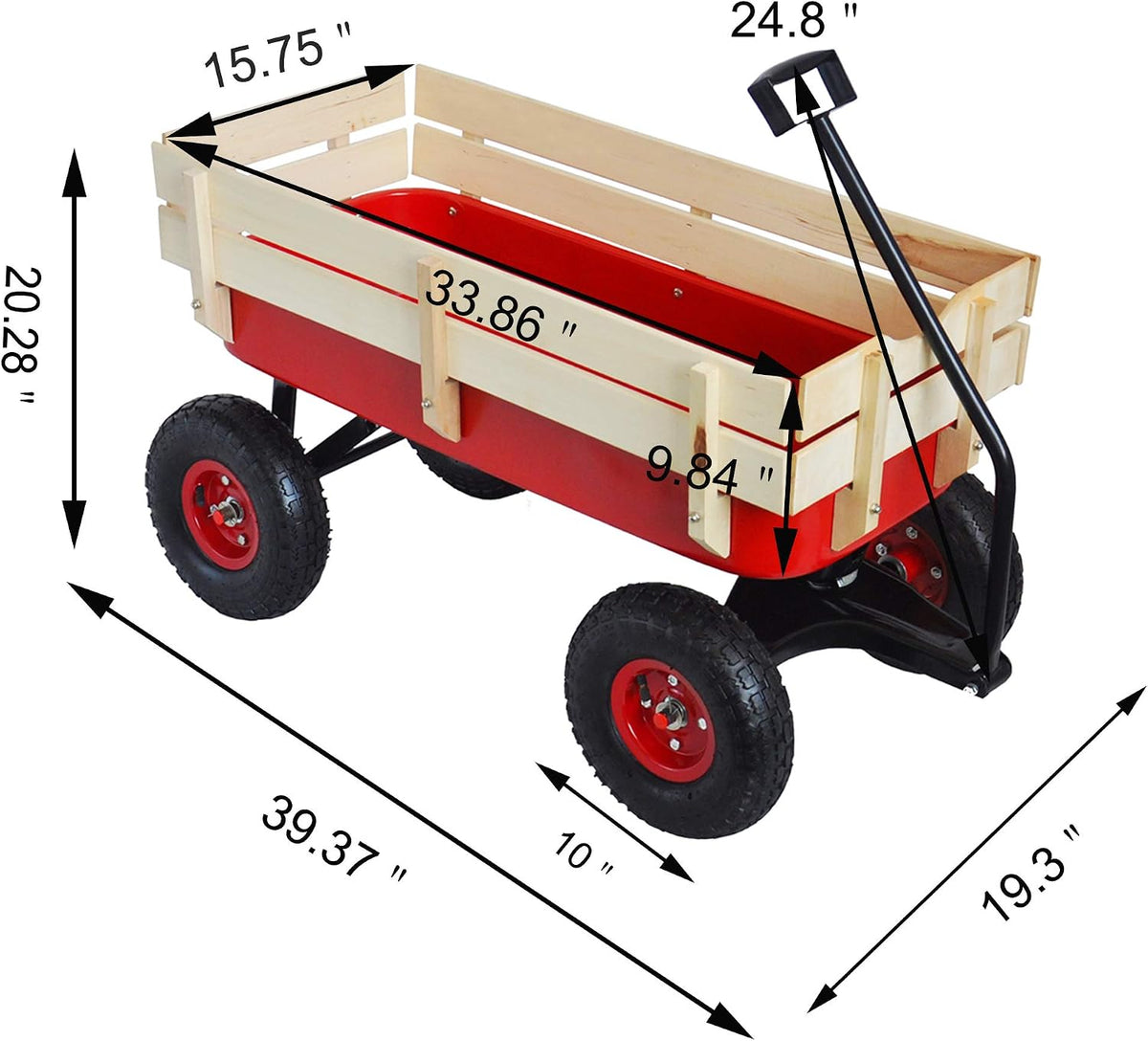 Outdoor Heavy Duty Wagon Cart for All Terrain Pulling, Steel Wagon Frame Removable Wooden Panels Adjustable Handle Air Tires Sport Wagon for Kids Camping Garden, Max. Load 176 lbs, Red