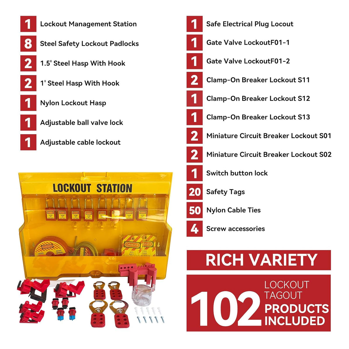 Lockout Tagout Station, 102 Pack Electrical Security Lock Kit with Steel Safety Lockout Padlocks Lock Shackle Safety Gate Valve Lockout