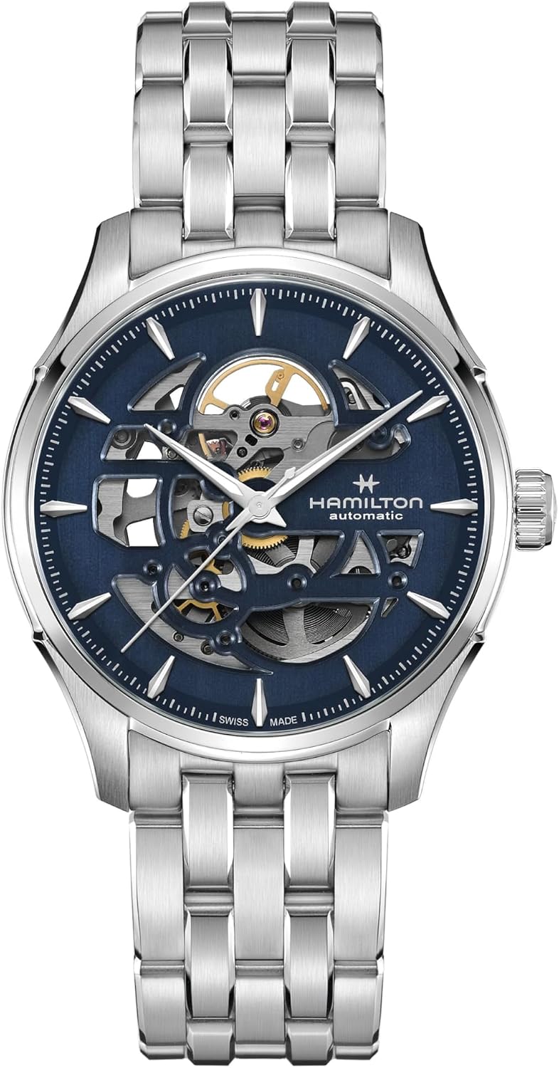 Hamilton Jazzmaster Skeleton Automatic Men's Watch, 40mm Stainless Steel Case, Swiss Made, Blue Dial Analog Wrist Watch, 50m Waterproof, Sapphire Crystal, 3-Hand Movement, Stainless Steel Strap