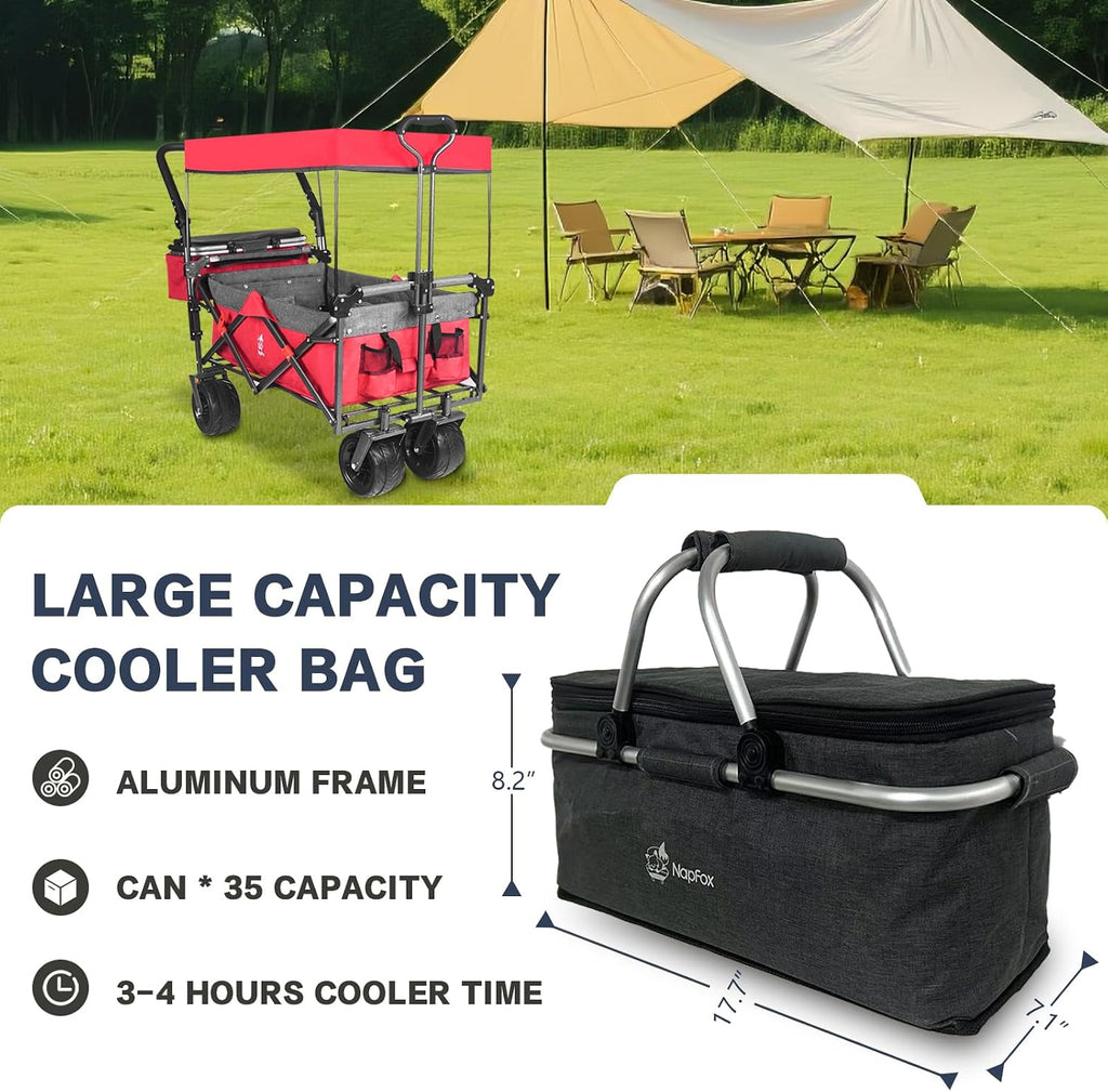 Collapsible Wagon Cart with Removable Canopy, Heavy Duty Foldable Wagon with 4' Large All Terrain Wheels, Brake, Cooler Bag, Adjustable Handles for Garden Beach Sports (Red)