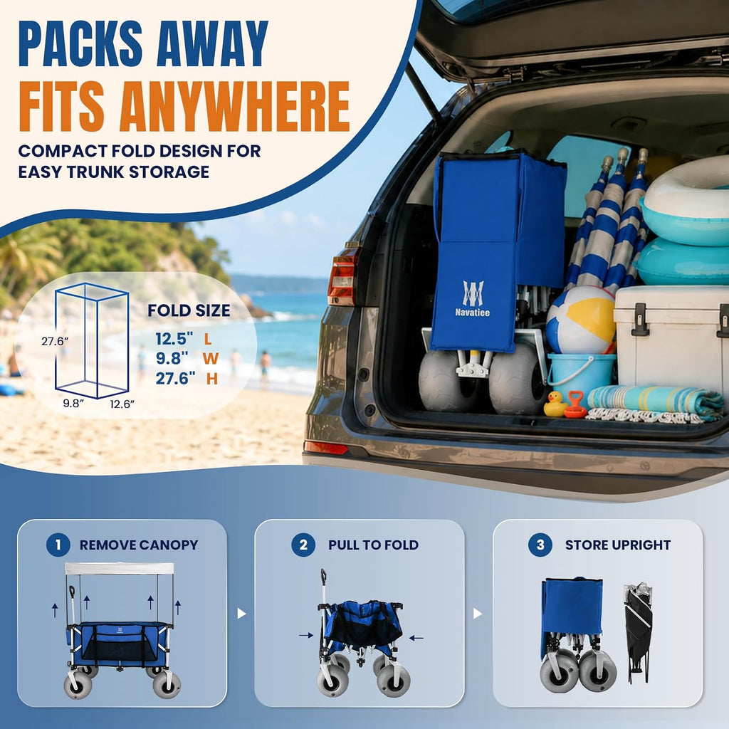 Navatiee Beach Wagon with Big Balloon Wheels for Sand, 200L Extra Large Beach Cart with Canopy, 440Lbs Heavy Duty Folding Wagon Collapsible with 9' Tires & Side Pocket for Beach, Outdoor, Blue