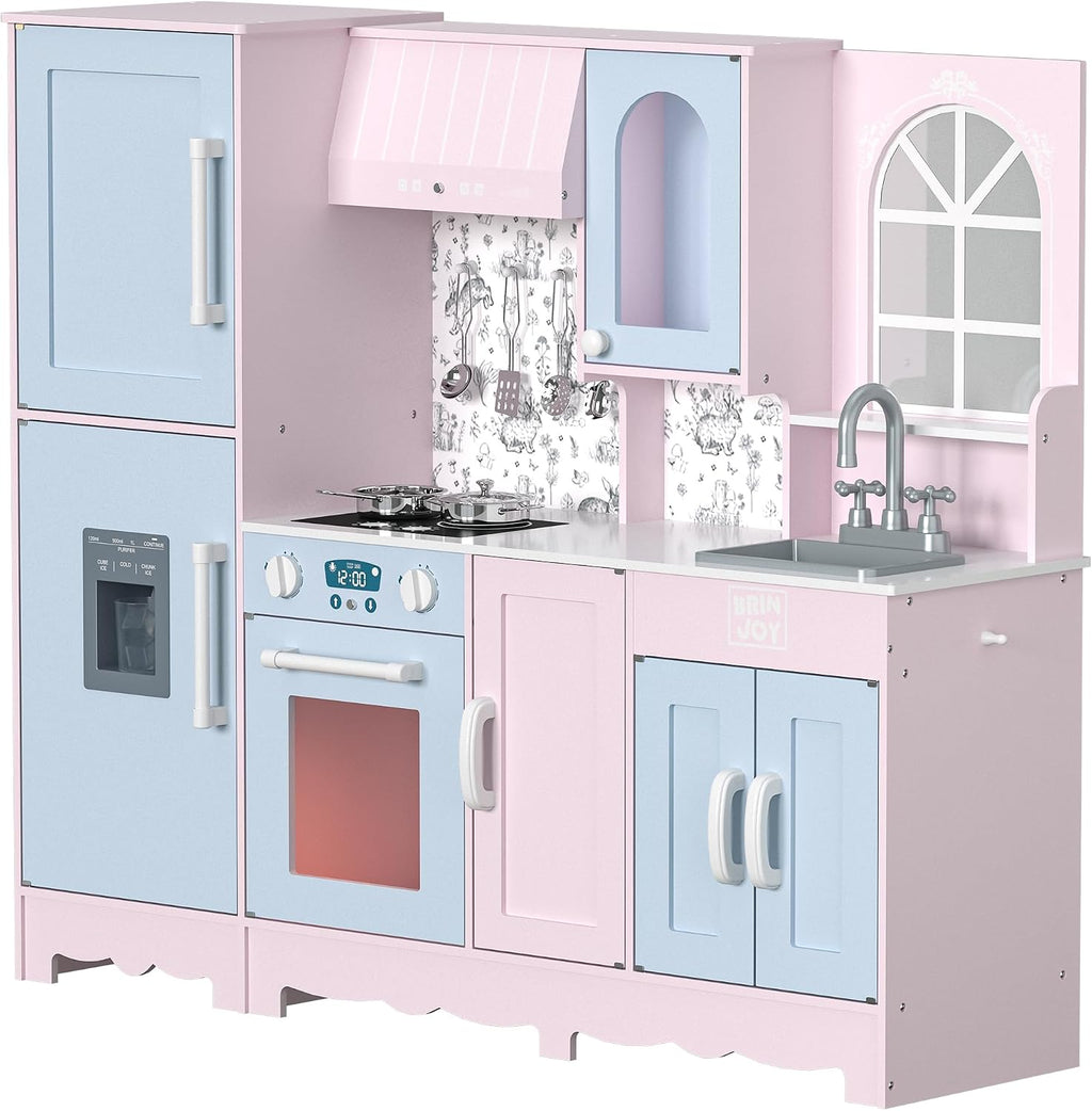 BRINJOY Play Kitchen for Kids, Wooden Kids Kitchen Playset w/Faucet, Sink, Stove, Oven, Window, Cookware, Storage Cabinets, Toddler Role Play Kitchen Pretend Play Toy Set Gift for Girls Boys Ages 3+