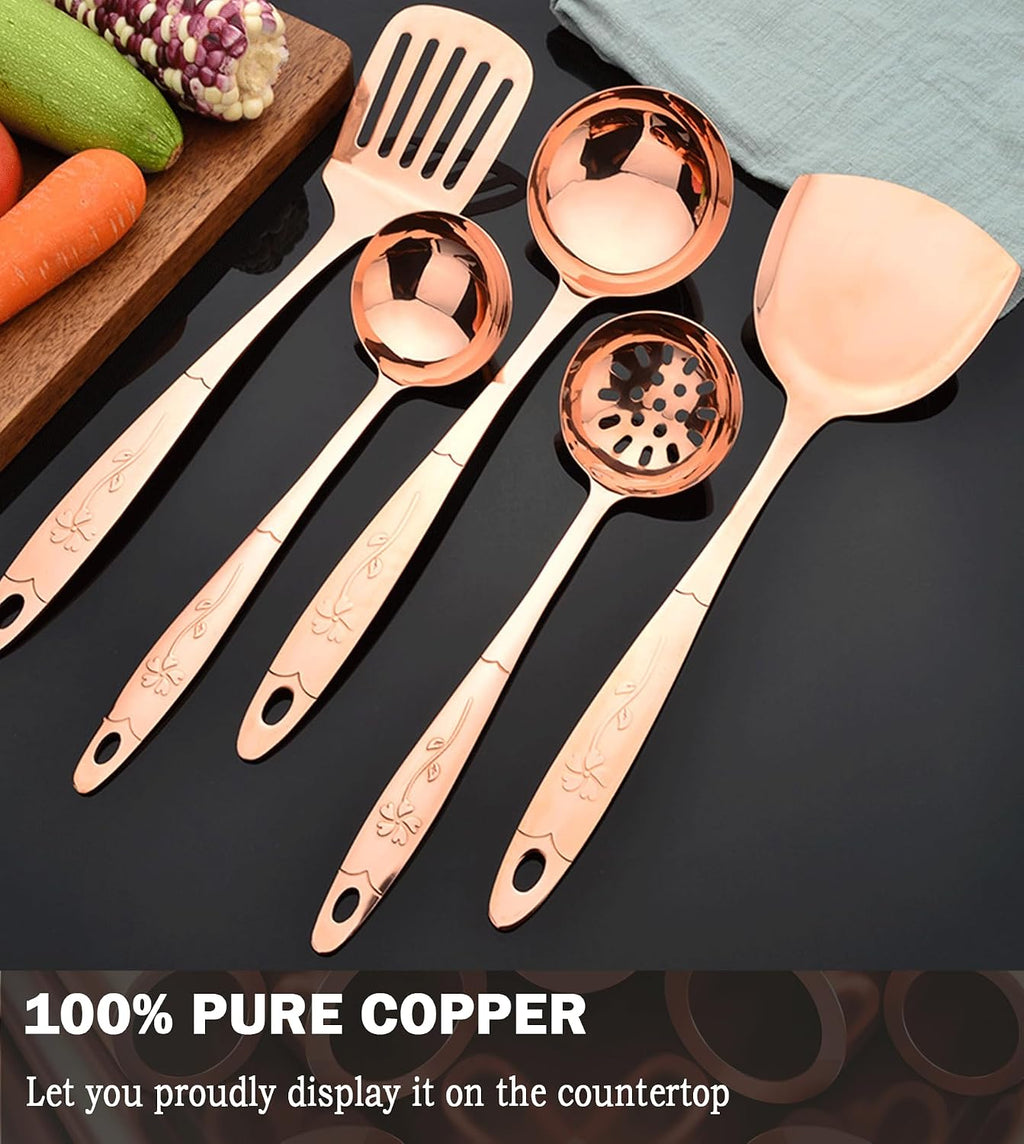 5-Piece Pure Copper Kitchen Cooking Utensils Set, Stylish Copper Kitchen Accessories, Cookware Set for Home or Restaurant Cooking (5)