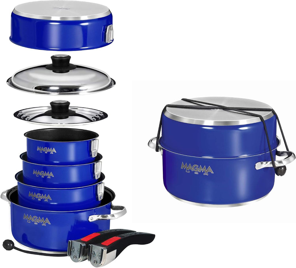 Magma 10 Piece Gourmet Nesting Stainless Steel Cookware Set with Ceramica Non-Stick, Induction Compatible, Oven Safe to 500°F - Suitable for All Stovetops, Removable Handles, Cobalt Blue