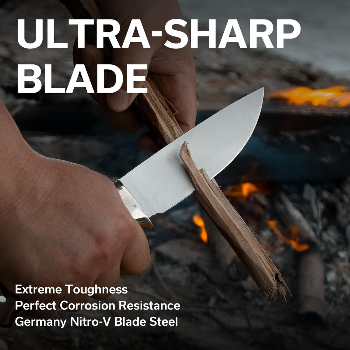 CIVIVI EDC Fixed Blade Knife with Leather Sheath, 4.6' Nitro-V Blade Wood Handle, Full Tang Cloud Peak Knife with Lanyard and Nickel Silver Guard C23044-3 (Wood)