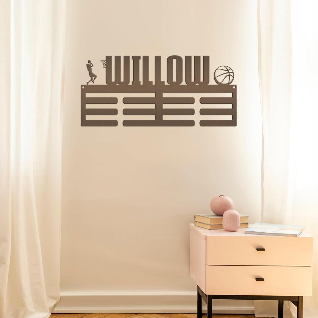 Medal Holder Custom Awards Display Sign, Personalized Metal Award Wall Rack for the Basketball Player, Sports Collectibles and Memorabilia (30 x 17 inches)