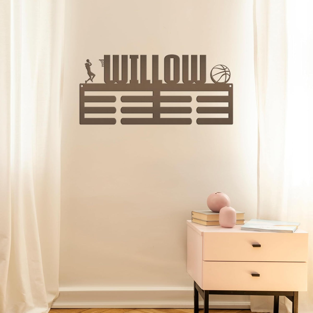 Medal Holder Custom Awards Display Sign, Personalized Metal Award Wall Rack for the Basketball Player, Sports Collectibles and Memorabilia (30 x 17 inches)