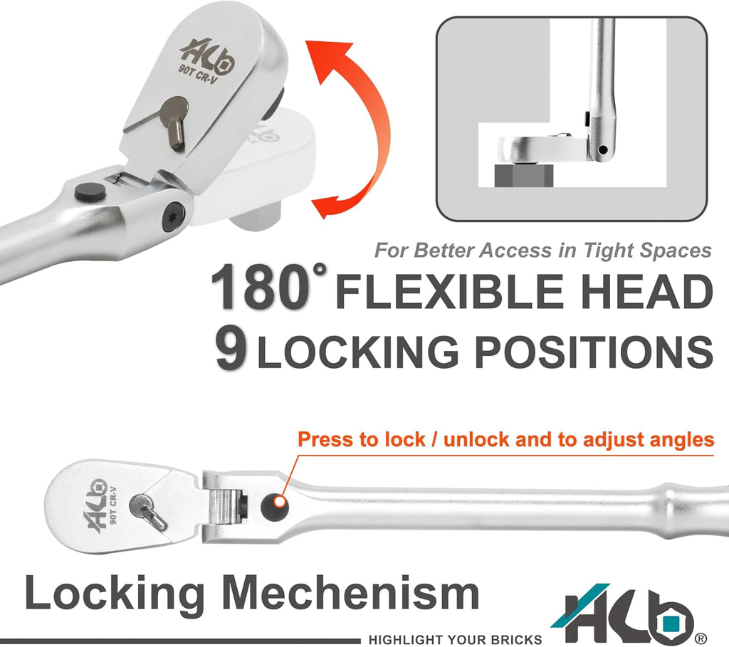 HB 101-Piece Socket Set AKX005-U, 90-Tooth Flex Head Ratchets 3/8'&1/4' Drive, Patented Non-Slip Metric SAE Sockets, Deep & Standard, Extension Bars, Bit Sockets, Rails, Case, Made in Taiwan