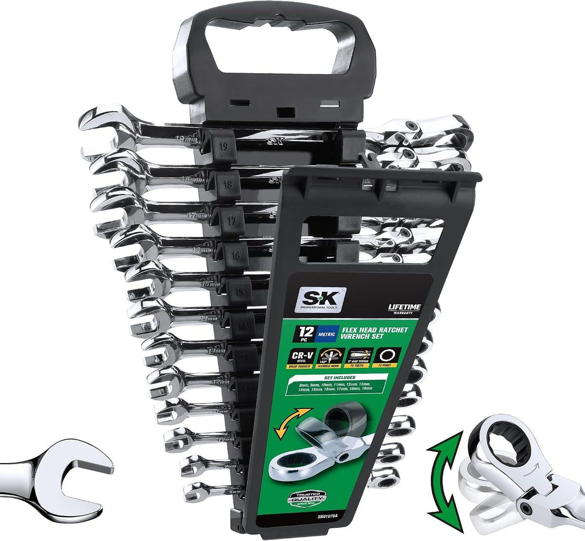 SK Flex-Head Ratcheting Wrench Set, Combination Wrench Set, 12-Piece, Metric 8 to 19mm, 72-Tooth, Premium CR-V Construction, with Rack Organizer