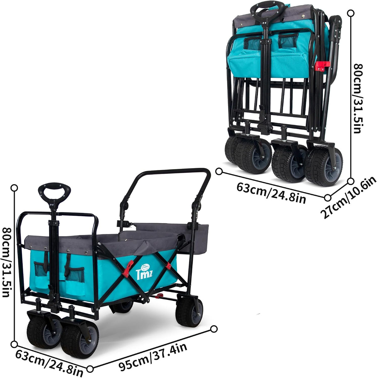 TMZ All Terrain Utility Folding Wagon, Collapsible Garden Cart, Heavy Duty Beach Wagon, for Shopping, Camping, and Outdoor Activities with Push Handle and Brake (Turquoise/Grey)