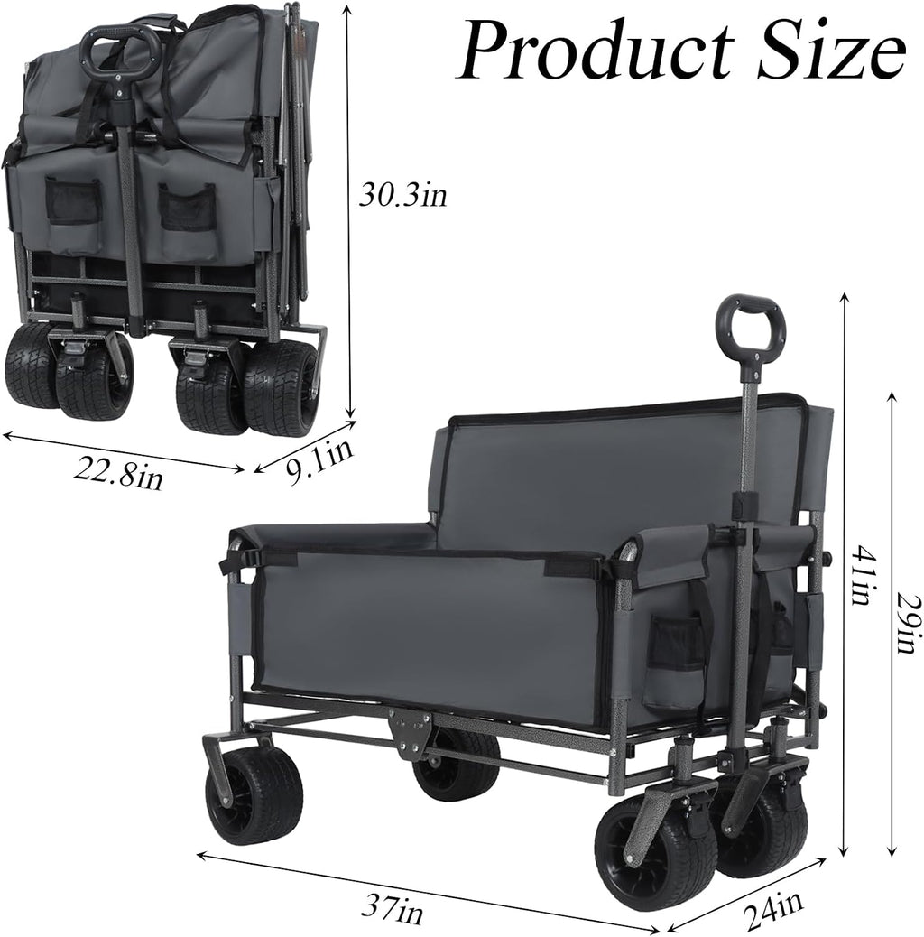 3-in-1 Convertible Folding Wagon Cart with Bench Seat & Storage - 500lbs Heavy-Duty Utility Wagon, 180L Capacity All-Terrain Wheels for Camping, Beach, Sports, Garden (Grey)