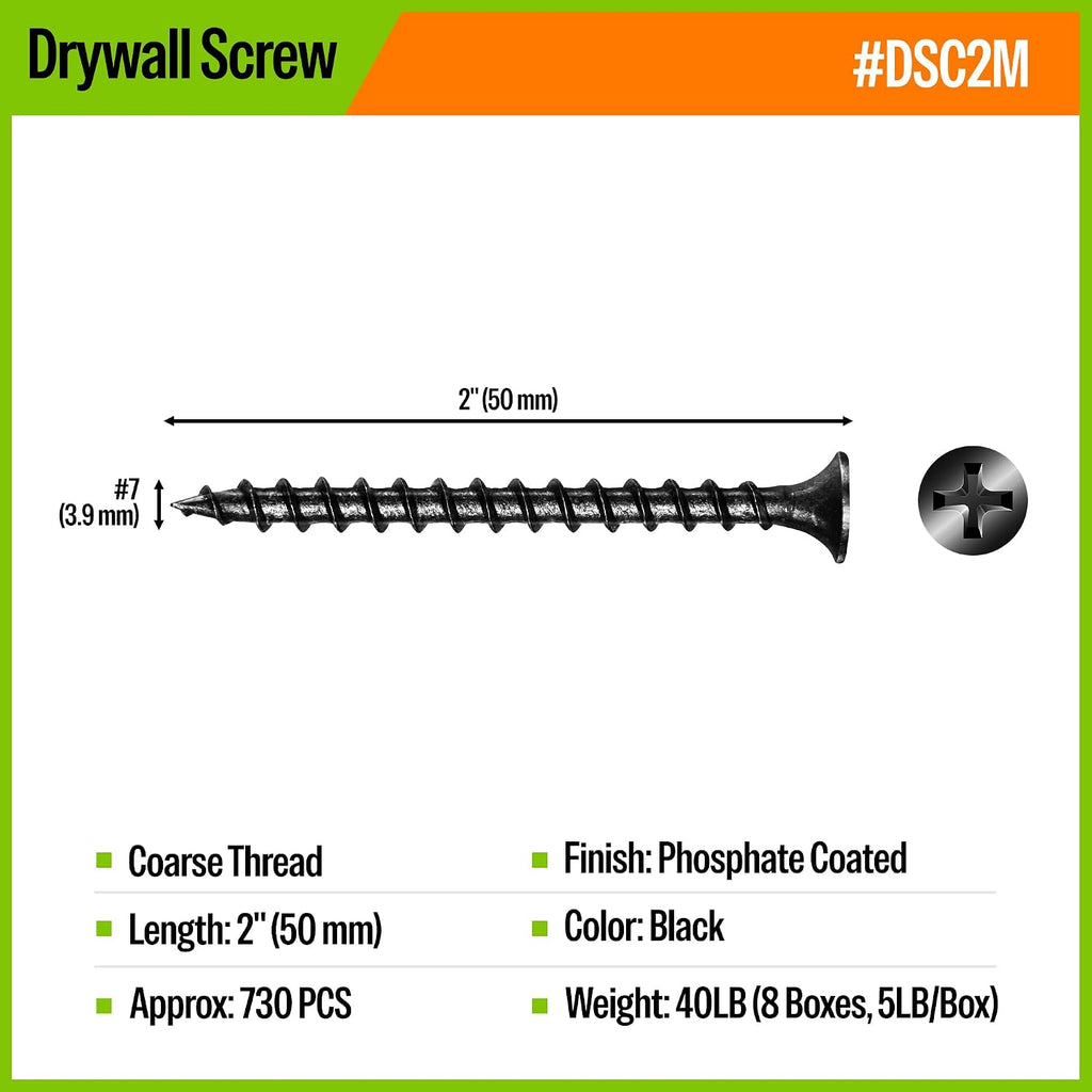 meite Drywall Screws, #7 x 2 Coarse Thread Wood Screws for Drywall, Black Sheetrock Screws, Phosphate Finish Phillips Drive Dry Wall Screws (8-Box Bulk Pack)