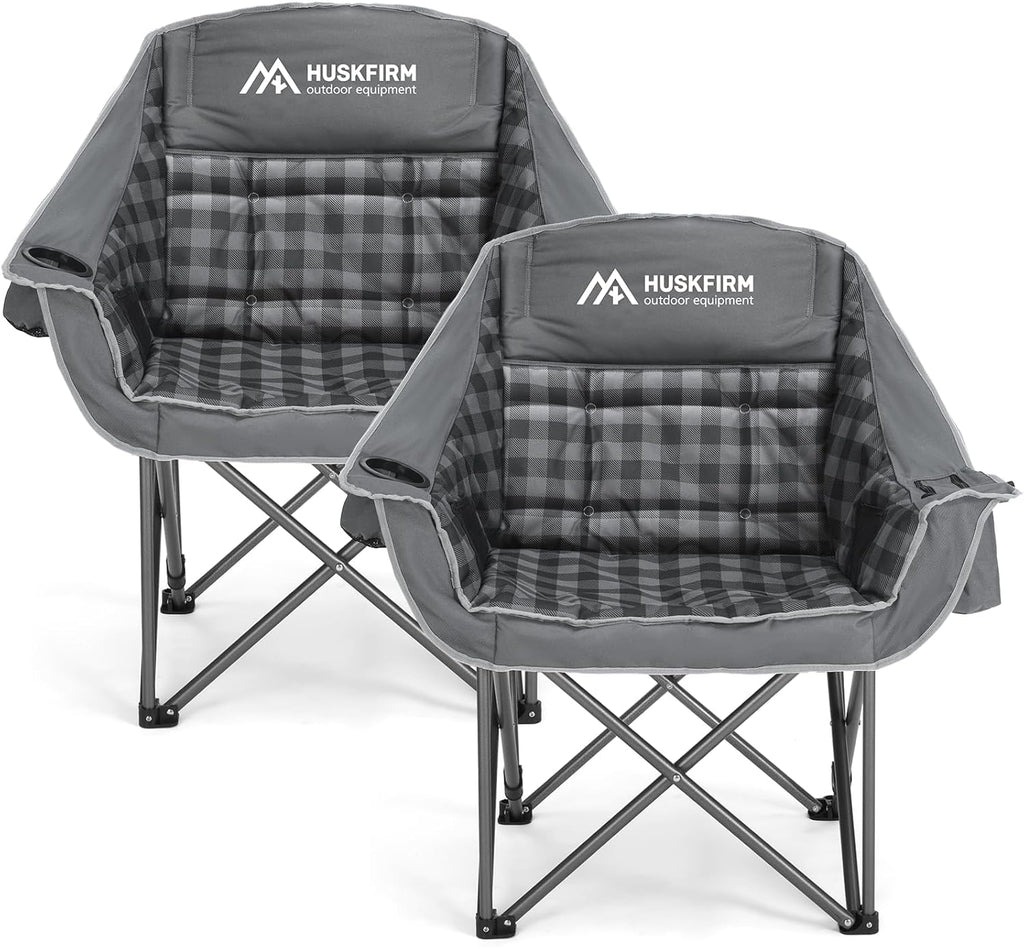 Huskfirm 2 Pack Camping Chairs Oversized Padded Camping Chair Heavy-Duty Foldable Camping Chairs with Cup Holder and Cooler Bag Portable Lawn Chair for Sports Outdoors-Support 450LBS, Grey