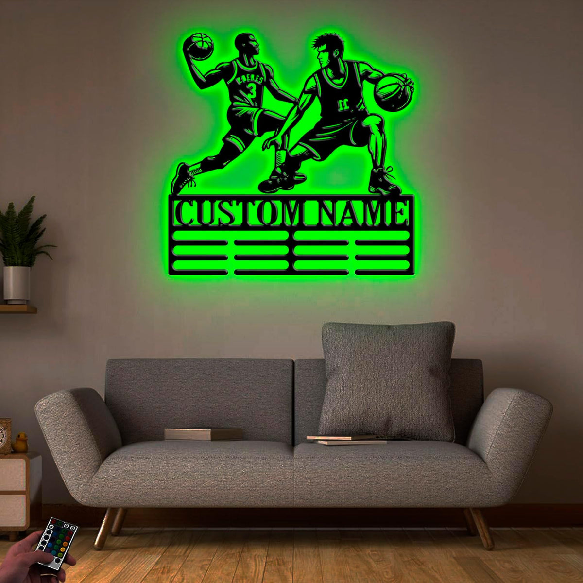 Custom Basketball Medal Holder LED Light, Basketball Player Name Medal Hanger Display, Rack For Tiered Award Ribbon, Metal Sign Gift For Athlete