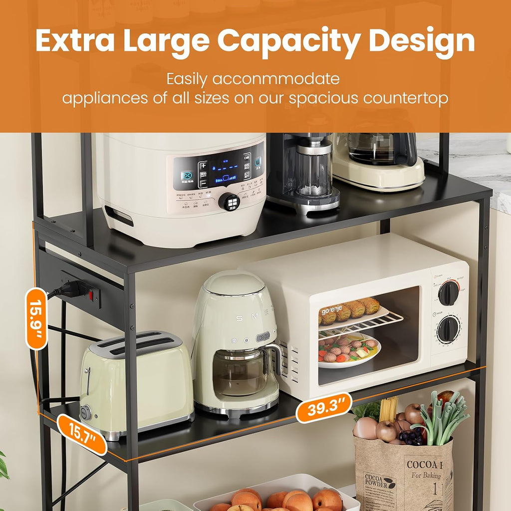 Large Bakers Rack with Power Outlet, 5-Tier Microwave Stand with Storage, Multifunctional Coffee Bar Organizer, Modern Minimalist Kitchen Storage Shelf for Home, Dining Room, Garage, Black