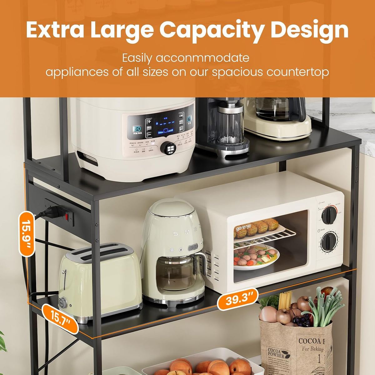 Large Bakers Rack with Power Outlet, 5-Tier Microwave Stand with Storage, Multifunctional Coffee Bar Organizer, Modern Minimalist Kitchen Storage Shelf for Home, Dining Room, Garage, Black