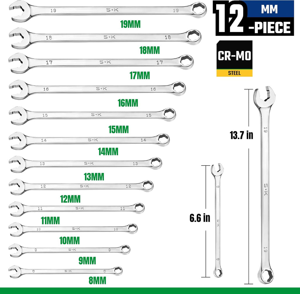 SK 6 Point Bolt Extractor Wrench, Metric 8 to 19mm, 12-Piece, Extra Long Combination Wrench Set, Mirror Krome Finish, Premium CR-MO Construction, for Rounded and Stripped Bolts Removal