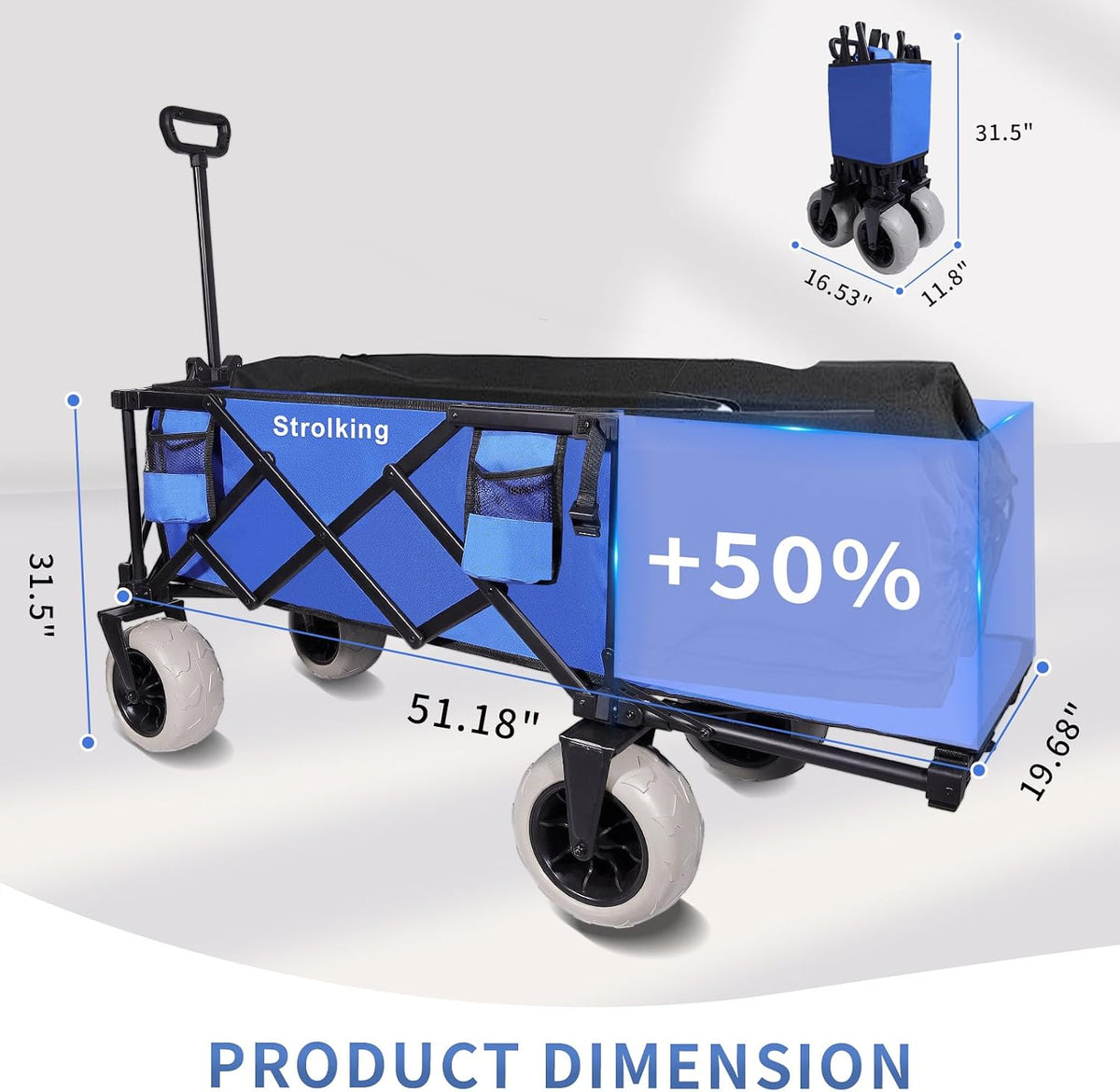 51' L Beach Wagon with 9' Sand Wheels,260L Collapsible Beach Cart with Rear Tailgate,Heavy Duty Wagon for Sand, Camping, Fishing and Sport,Blue